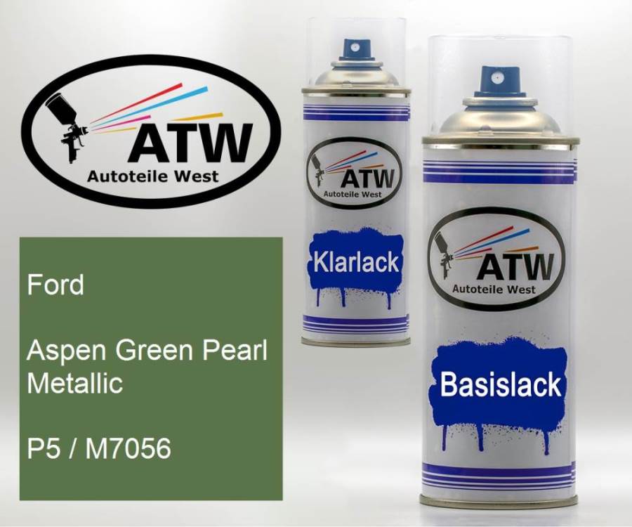 Ford, Aspen Green Pearl Metallic, P5 / M7056: 400ml Sprühdose + 400ml Klarlack - Set, von ATW Autoteile West.